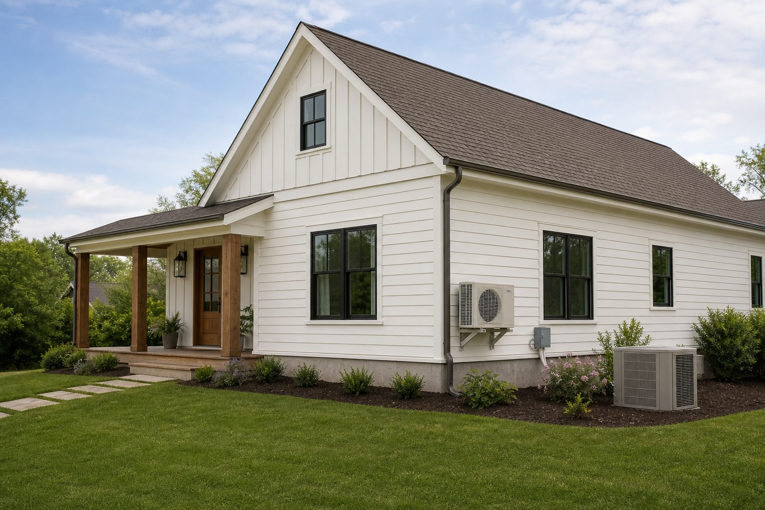 A tidy residential house exterior with air conditioning and vent units visible